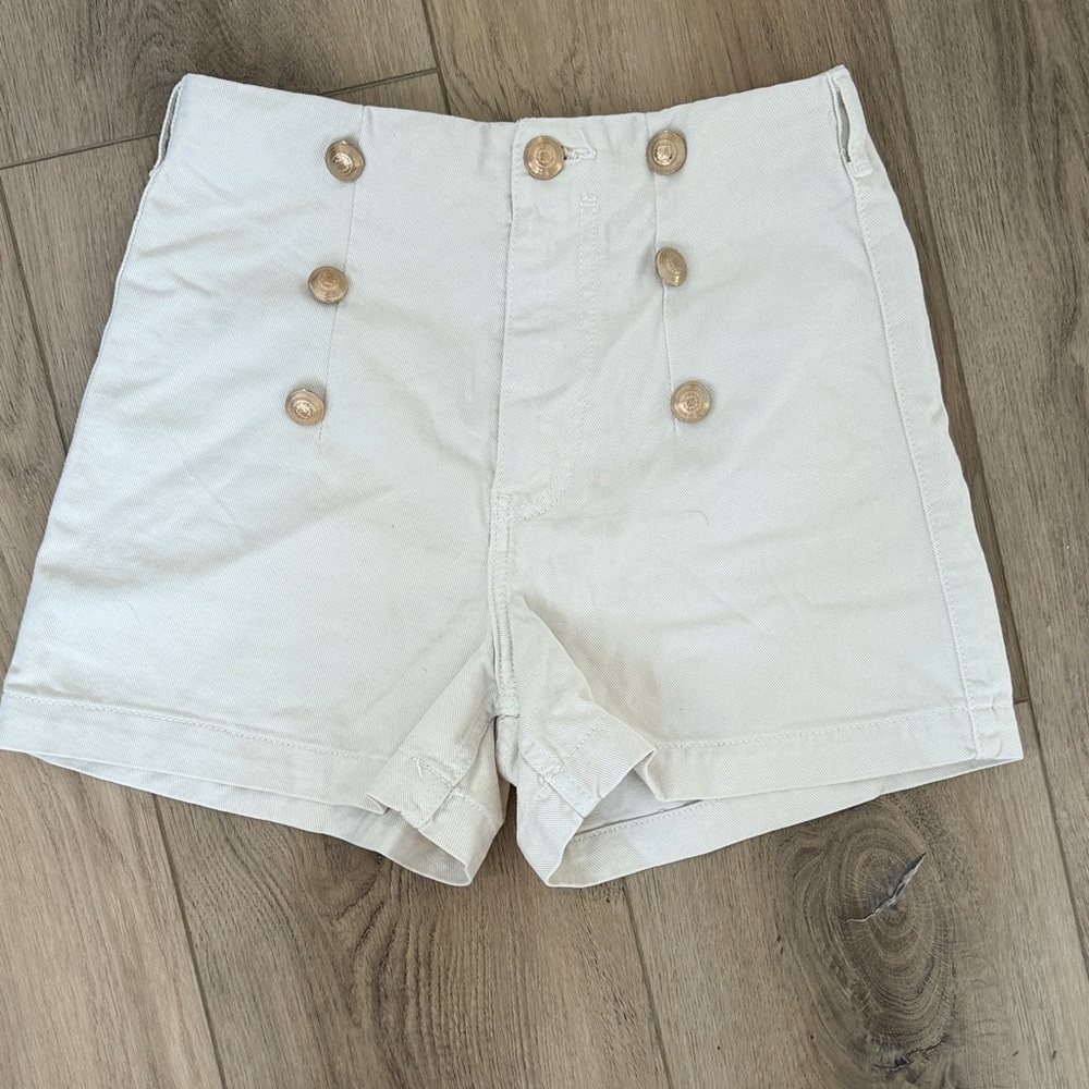 Zara High Waist Cream Shorts with Button Detail